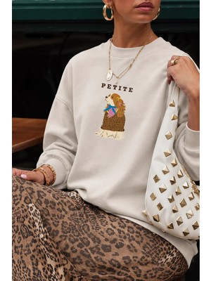 Monila Kadın Premium Kumaş 3 Iplik Şardonlu Köpek Baskılı Sweatshirt