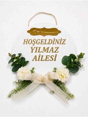 Roven Kişiye Özel Isimli Kapı Süsü - Aynalı Pleksi Çiçekli & Fiyonklu Ahşap Dış Kapı Çelengi