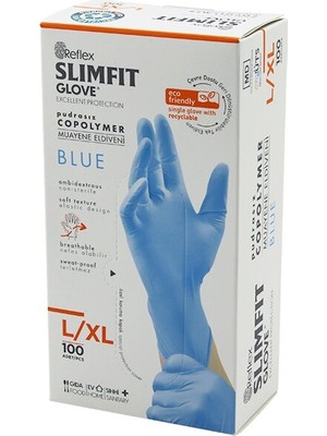 Dorasan Reflex Slimfit Glove KOD-025 L-Xl Mavi Pudrasız Muayene Eldiven 100LÜ
