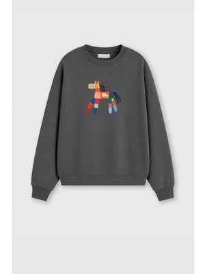 Monila Kadın Premium Kumaş 3 Iplik Şardonlu At Baskılı Sweatshirt