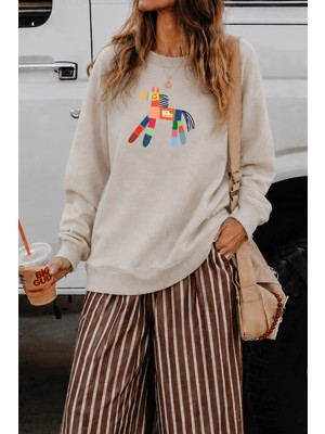Monila Kadın Premium Kumaş 3 Iplik Şardonlu At Baskılı Sweatshirt