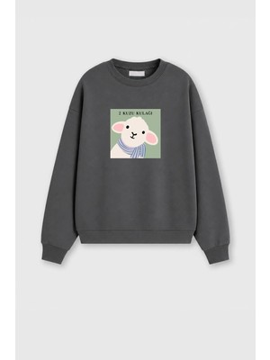 Monila Kadın Premium Kumaş 3 Iplik Şardonlu Kuzu Kulağı Baskılı Sweatshirt