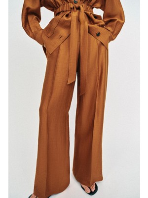 Allbucks Zara, Yırtmaçlı Keten Loose Fit Kumaş Pantolon ABZRA00090