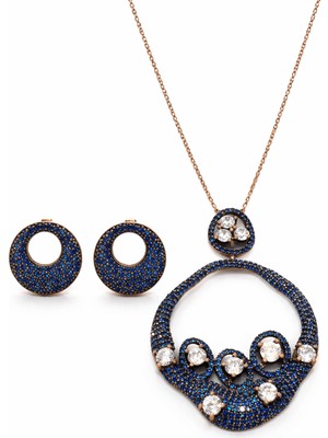 Defne Silver Blue Kolye Küpe Set