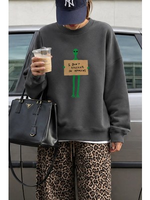 Monila Kadın Premium Kumaş 3 Iplik Şardonlu Uzaylı Baskılı Sweatshirt