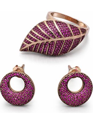 Defne Silver Pink Yüzük Küpe Set