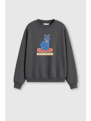 Monila Kadın Premium Kumaş 3 Iplik Şardonlu Kedi Baskılı Sweatshirt