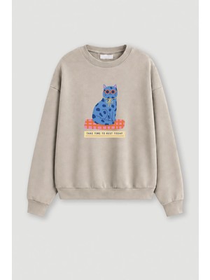 Monila Kadın Premium Kumaş 3 Iplik Şardonlu Kedi Baskılı Sweatshirt