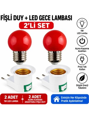 Açma Kapama Anahtarlı Duy Fişli + 1W Tasarruflu Renkli E27 LED Gece Lambası Kırmızı Işık 2 Adet