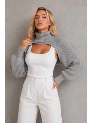 AQE FASHION Kadın Boğazlı Uzun Kollu Balon Kol Modern Tasarım Dokulu Şık Günlük Gri Triko Boyunluk Bolero