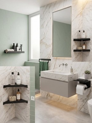 Eyzo Home Modern Mat Siyah Metal Banyo Aksesuar Seti 5’li Ful Paket Banyo Düzenleyici Raf & Askılık