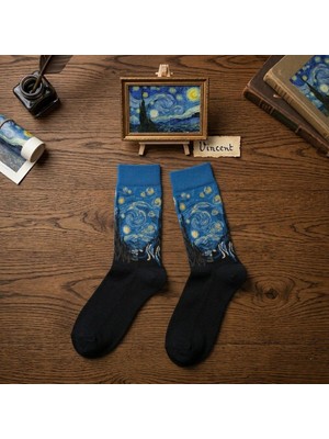 Van Gogh Tasarımlı Pamuklu Soket Çorap - Isme Özel Şerit - Hediye Çanta