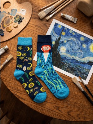 Van Gogh Tasarımlı Pamuklu Soket Çorap - Isme Özel Şerit - Hediye Çanta