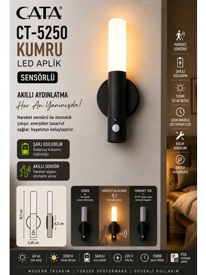 CATA Ct 5250 Kumru Sensörlü LED Aplik 3200K Günışığı Siyah Kasa 1W ABS Plastik Malzeme ile Enerji Tasarruflu