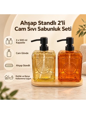 PratikBir Ahşap Standlı 2'li Cam Sıvı Sabunluk