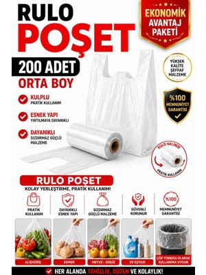 Optimex Rulo Poşet Orta Boy 200 Adet Şeffaf Kulplu Market Manav Alışveriş Poşeti