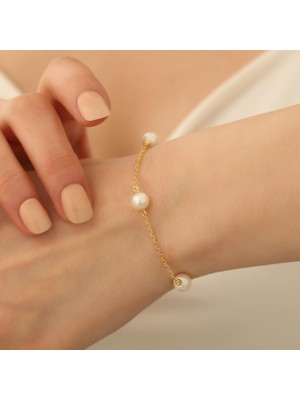 Nox Jewelry 14 Ayar Altın Kaplama 925 Ayar Gümüş Beyaz Tatlı Su İncili Duraklı Kadın Bileklik CBP00114