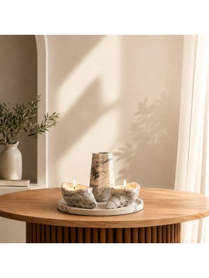 4 Parça Dekoratif Set - Istiridye Mumlu, Vazolu, Yuvarlak Tepsili - Masa Üstü Dekor - Modern Minimal Ev Dekoru