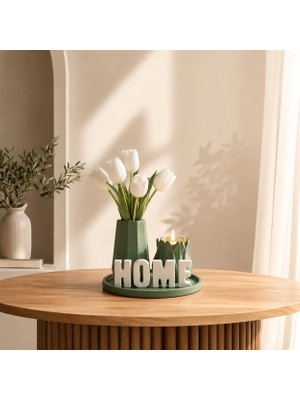 Home Yazılı Vazolu Mumlu Dekoratif Set - Tepsi, Vazo, Lale Mumluk ve Harfler (Çiçek Dahil Değildir)