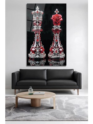 Mgi Design Kral ve Kraliçe Satranç Taşı Cam Tablo Kırmızı Gül ve Taç Temalı Lüks Dekoratif Cam Duvar Dekoru Modern Salon Duvar Dekoru Oturma Odası Yatak Odası Tablosu 4mm Temperli Cam Tablo Kaliteli Baskı