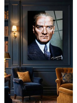 Mgi Design Kırılmaz Cam Tablo   (Kalın) - Ev Işyeri Duvar Dekorasyonu – Atatürk Yağlı Boya Tasarımı - Mustafa Kemal Portre Sanatsal Klasik Ofis Salon Koridor Temperli Uv Baskılı Hediyelik