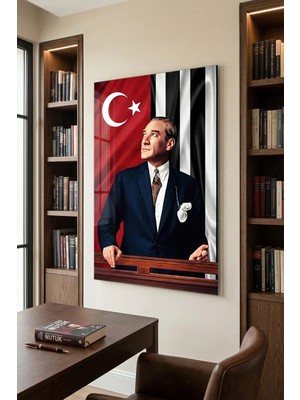 Mgi Design Kırılmaz Cam Tablo   (Kalın) - Ev Işyeri Duvar Dekorasyonu – Atatürk – Siyah Beyaz Takım - Mustafa Kemal Portre Klasik Sade Salon Yatak Odası Temperli Uv Baskılı Hediyelik