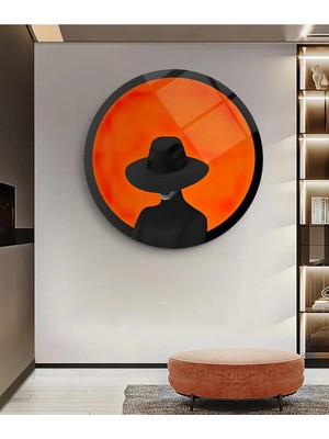 Mgi Design Şapkalı Kadın Yuvarlak Cam Tablo | Modern Duvar Dekoru | Solmayan Canlı Renkler | Ofis ve Çalışma Odası | Yeni Ev Hediyesi | 4mm Kırılmaz Cam