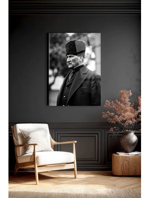 Mgi Design Atatürk Siyah Beyaz Kırılmaz Cam Tablo - Mustafa Kemal Portre Temperli Duvar Dekorasyonu Klasik Yatak Odası Salon Antre Uv Baskılı