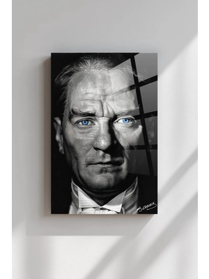 Mgi Design Atatürk Siyah Beyaz Kırılmaz Cam Tablo - Mustafa Kemal Portre Temperli Duvar Dekorasyonu Klasik Yatak Odası Salon Antre Uv Baskılı