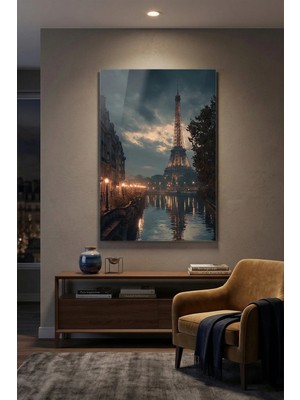 Mgi Design Kırılmaz Cam Tablo   (Kalın) - Ev Işyeri Duvar Dekorasyonu – Gece Eyfel Tasarımlar (Dikey) - Paris Fransa Işık Romantik Ofis Salon Koridor Temperli Uv Baskılı Hediyelik