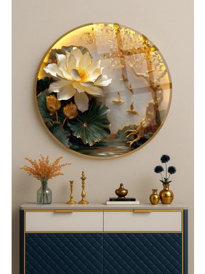Mgi Design Yuvarlak Altın Lotus ve Hayat Ağacı Cam Tablo | Sanatsal Duvar Dekoru | Uv Baskılı Canlı Renkler | Ev ve Iş Yeri | Sevdiklerinize Hediyelik