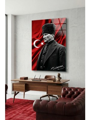 Mgi Design Kırılmaz Cam Tablo   (Kalın) - Ev Işyeri Duvar Dekorasyonu – Türk Bayrağı Atatürk (Dikey) - Mustafa Kemal Portre Vatan Milli Salon Yatak Odası Temperli Uv Baskılı Hediyelik