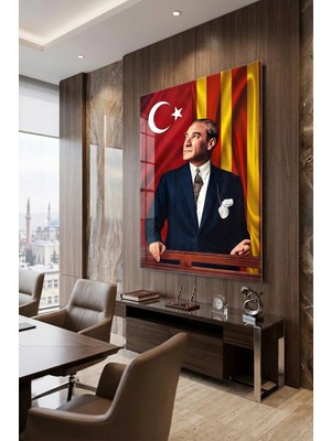 Mgi Design Kırılmaz Cam Tablo   (Kalın) - Ev Işyeri Duvar Dekorasyonu – Atatürk – Sarı Kırmızı Takım - Mustafa Kemal Portre Klasik Şık Yatak Odası Salon Antre Temperli Uv Baskılı