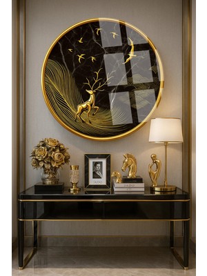 Mgi Design Altın Geyik Dağ Gold Detay Yuvarlak Cam Tablo | Modern Duvar Dekoru | Solmayan Canlı Renkler | Ofis ve Çalışma Odası | Yeni Ev Hediyesi