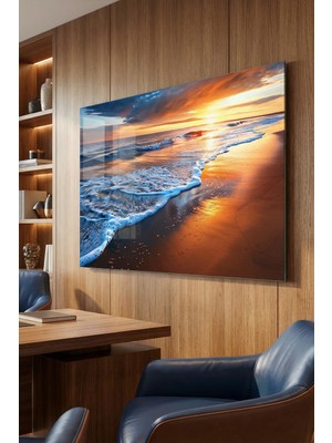 Mgi Design Kırılmaz Cam Tablo   (Kalın) - Ev Işyeri Duvar Dekorasyonu - Deniz Güneş Sahil (Yatay) - Kumsal Dalga Huzur Mavi Salon Ofis Temperli Uv Baskı Hediyelik Şık
