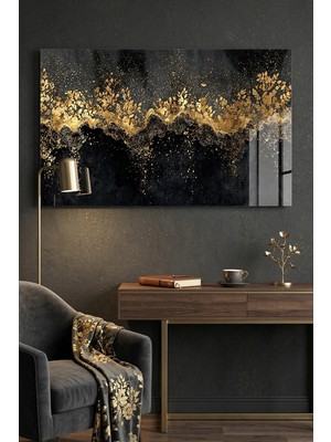 Mgi Design Kırılmaz Cam Tablo   (Kalın) - Ev Işyeri Duvar Dekorasyonu - Modern Gold Tasarımlar (Yatay) - Altın Sarısı Lüks Zarif Parlak Yatak Odası Salon Antre Temperli Uv Baskılı