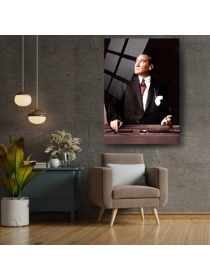Mgi Design Modern Atatürk Cam Tablo | Atatürk Temalı Dekoratif Duvar Tablosu, Salon, Ofis ve Çalışma Alanı Dekoru,
