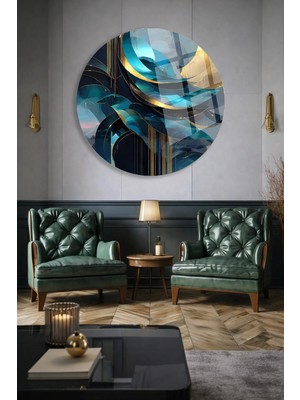 Mgi Design Mavi ve Gold Soyut Desenli Yuvarlak Cam Tablo | Modern Duvar Dekoru | Solmayan Canlı Renkler | Ofis ve Çalışma Odası | Yeni Ev Hediyesi