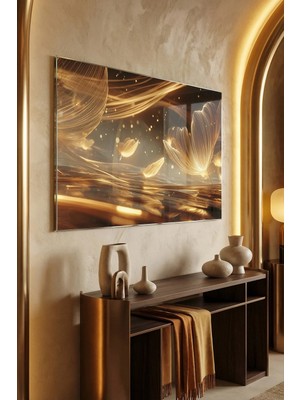 Mgi Design Kırılmaz Cam Tablo   (Kalın) - Ev Işyeri Duvar Dekorasyonu - Modern Gold Tasarımlar (Yatay) - Altın Sarısı Lüks Zarif Parlak Yatak Odası Salon Antre Temperli Uv Baskılı