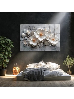 Mgi Design Beyaz Çiçekler ve Mermer Doku Cam Tablo | Şık Duvar Tablosu | Uv Baskılı Canlı Renkler | Kafe ve Ofis Için | Ev Hediyesi | Parlak Cam Yüzey