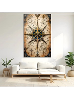 Mgi Design Vintage Pusula Harita Tasarımlı Gold Cam Tablo | Dekoratif Duvar Tablosu | Solmayan Canlı Renkler | Salon ve Oturma Odası | Doğum Günü Hediyesi