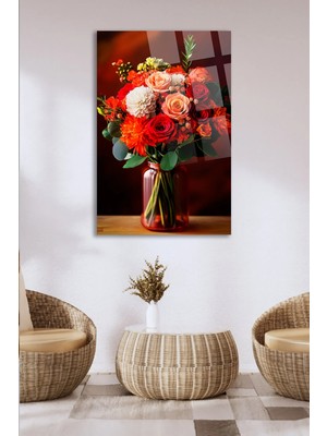 Mgi Design Kırmızı ve Turuncu Çiçek Buketi Floral Cam Tablo | Şık Duvar Tablosu | Canlı Renkli Baskı | Salon ve Oturma Odası | Ev Hediyesi | Parlak Cam Yüzey