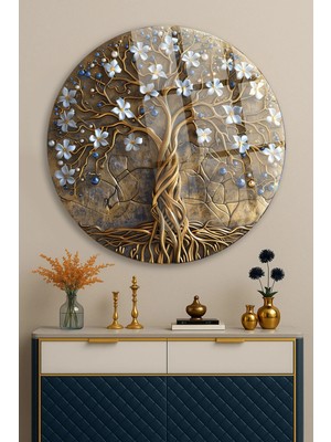 Mgi Design Altın Bronz Hayat Ağacı Desen Yuvarlak Cam Tablo | Modern Sanat Tablosu | Canlı Renkli Baskı | Ofis ve Çalışma Odası | Anlamlı Hediye Seçeneği