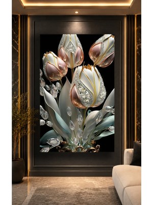 Mgi Design Çiçek Kristal Beyaz ve Rose Gold Cam Tablo | Modern Sanat Tablosu | Parlak ve Net Görüntü | Kafe ve Ofis Için | Anlamlı Hediye Seçeneği