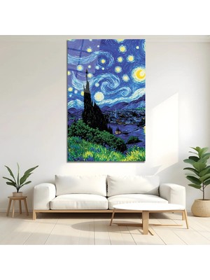 Mgi Design Van Gogh Esintili Yıldızlı Gece Cam Tablo | Modern Duvar Dekoru | Canlı Renkli Baskı | Ofis ve Çalışma Odası | Yeni Ev Hediyesi | 4mm Kırılmaz Cam