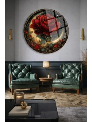 Mgi Design Kırmızı Gül Gold Yuvarlak Cam Tablo | Modern Sanat Tablosu | Canlı Renkli Baskı | Ofis ve Çalışma Odası | Anlamlı Hediye Seçeneği | 4mm Kırılmaz Cam