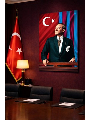Mgi Design Kırılmaz Cam Tablo   (Kalın) - Ev Işyeri Duvar Dekorasyonu – Atatürk – Bordo Mavi Takım - Mustafa Kemal Portre Şık Klasik Salon Yatak Odası Temperli Uv Baskılı Hediyelik
