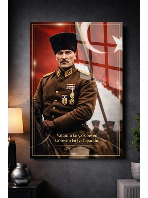 Mgi Design Atatürk Yapay Zeka Cam Tablo | Dekoratif Duvar Tablosu | Uv Baskılı Canlı Renkler | Yatak Odası ve Antre | Doğum Günü Hediyesi | 4mm Kırılmaz Cam