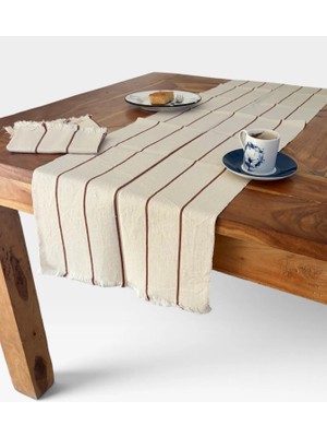 Monochrome Kahverengi Çizgili %100 Pamuk Runner & 2 Peçete Seti