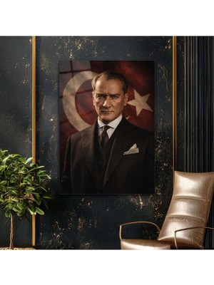 Mgi Design Atatürk Klasik Portre Türk Bayrağı Fon Cam Tablo